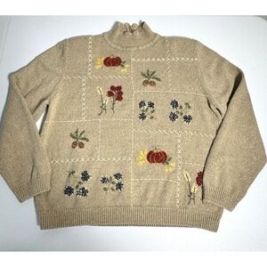Vtg Alfred Dunner Embroidered Fall Sweater Beige Ramie Cotton Cottagecore Sz‎ L